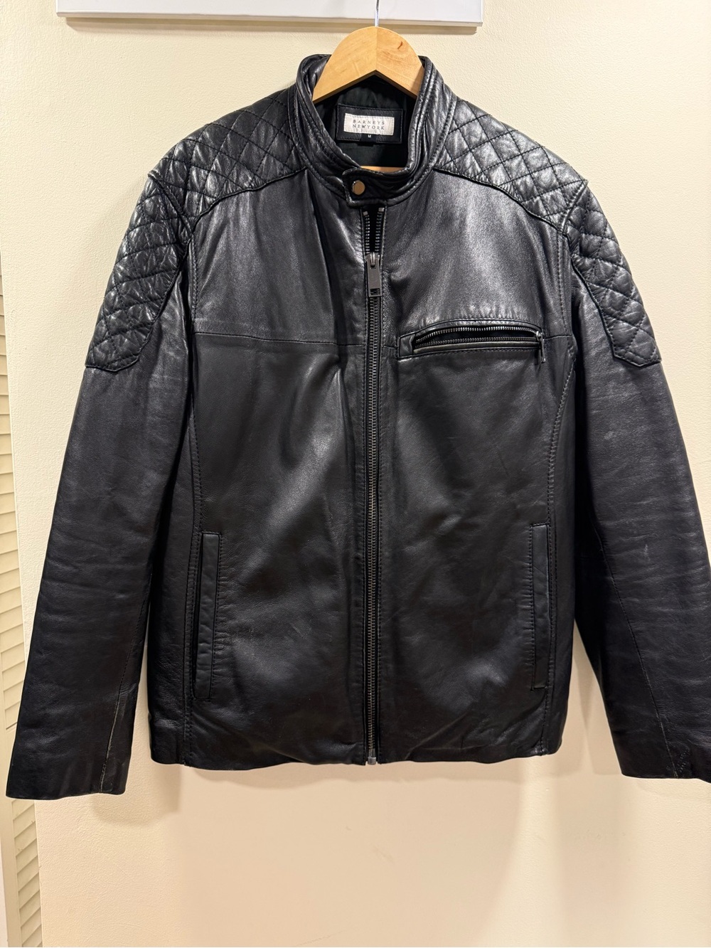 Barneys New York Black Quilted Shoulder Leather Bomber Jacket